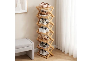Simcat 7-Tier Natural Bamboo Floor Shoe Rack Space-Saving Storage Organizer Easy Assembly Strong Design for Entryway Living Room