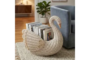 HN European-style Rattan Swan Handmade Woven Storage Basket for Books Toys Sundries-Living Room & Desk Decorative Organizer
