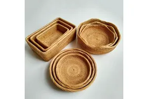 Handwoven Rattan Serving Tray Storage Basket Set Wicker Fruit Basket for Bread Snacks Pastries Coffee Table Kitchen Home Decor