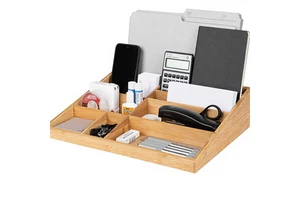 Bamboo Modern Eco-Friendly Rectangular Desktop Organizer 10-Compartment Natural Wood Tools Storage Tray Kitchen Vanity No