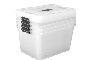 4pk 30L 45L 60L Stackable Large Plastic Storage Box With Lid Clear Plastic Box Organizer With Handle
