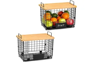 Kitchen Bin Organization Foldable Fruit Baskets Home Organization Stackable Wire Storage Baskets With Bamboo Top