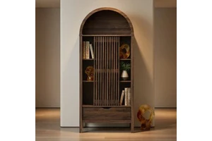 AJUNION MDF Walnut Veneer Arched Cabinet Tall Bookcase Living Room Dining Room Storage Cabinet Console Cabinet With Storage