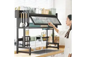 Large Metal Double Modern Multifunction Kitchen Storage Rack Carbon Steel Sink Draining for Cover Countertop Dish Bowl Storage