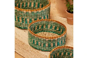 Set Of 3 Turquoise Striped Seagrass Round Basket Handmade Storage Basket Wholesale eco-friendly Made in Viet Nam