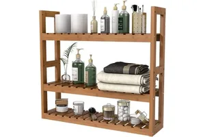 Modern Standing Type Decorative Bamboo Eco-friendly 5-Layer Laser Engraved Multifunction Rectangle Storage Wall Frame Shelf