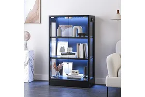 Glass Door Display Cabinet with LED Lighting, 3-Tier Modern Storage Cabinet for Decor and Collectibles