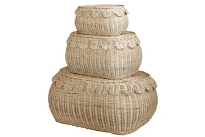 Rattan Basket Decorative Boxes, Woven Storage Box Hyacinth Basket with Lids, Small Scalloped Edge Wicker Basket with Lid
