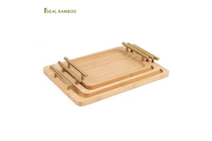 Modern Bamboo Tray For Serving Coffee Tea Dessert Breakfast Wood Serving Tray Set With Metal Handle