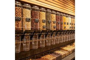 ECOBOX Candy Grain Pistachio Almond Cashew Display Bulk Food Dry Fruits Dispensers Dry Food Wall Mount Gravity Bin Nuts For Shop