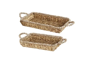 Rectangle Seagrass Storage Basket with Handle - Decorate the Mouth with a String of Wooden Beads - Model MS36