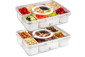 Portable 8 Compartment Veggie Tray with Lid Handle Stackable Snack Container Divided Plastic Storage Bin for Travel Snacks