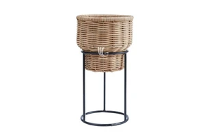 Trendy Natural Rattan Wicker Planter, Woven Plant Pot Basket with White Metal Stand Handicraft Storage Baskets