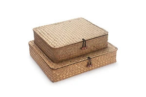 Set Of 2 Wicker Basket For Shelf Organize Rectangular Seagrass Woven Box Natural Decorative Flat Seagrass Storage Bins With Lid