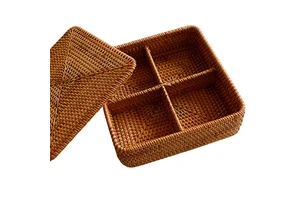 Rustic Style Wicker Rattan Basket With Lid Storage Basket with Cover, Rattan Basket for Storage