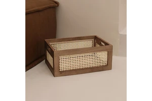Vintage Rattan Storage Basket Desktop Solid Wood Storage Basket Hand-woven Snack Basket Book Organizer Wood Crates