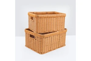 Waterproof Woven Nature PE Rattan Storage Basket Pantry Baskets with Built-in Handles Wicker Baskets for Organizing or Bathroom
