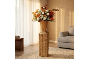 Handmade Rattan Dining Table Vase Decoration, Modern Woven Wicker Basket for Flowers, Luxurious XL Rattan Basket