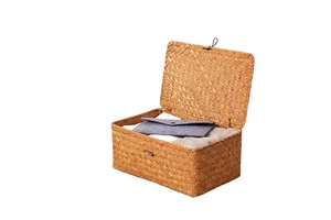 Retro Handmade Square Sundry Items Straw Bamboo Rattan Woven Gift Storage Box Basket For Birthday Wedding