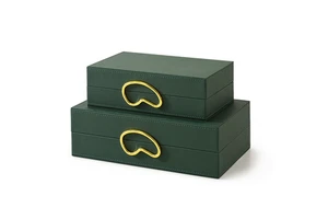 Set of 2 Green Leather Storage Box Decorative Boxes for Home Decor Living Room Shelf Organization Nesting Remote Control Holder