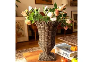 Woven Rattan Flower Vase Rustic Wicker Planter Holder for Floral Arrangements Decorative Basket European Farmhouse Home Decor