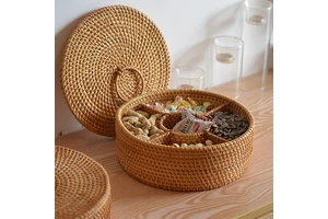 Retro Natural Rattan Woven Round Storage Basket for Living Room Coffee Table Fruit & Snack Home Decor