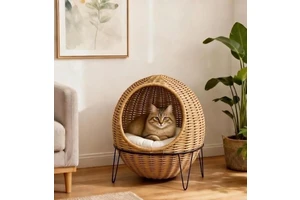Elevated Rattan Wicker Cat Bed With Three Metal Legs - Luxury Ball-Shaped Cat Cave Basket House Includes Plush Cushion
