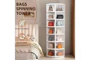 Modern White 360 Degree Rotating Spinning Tote Bag Display Tower Revolving Carousel Shoe Rack for Storage in Living Room