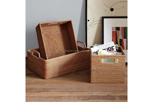 Woven Round Rattan Wicker Food-Safe Eco-Friendly Folding Storage Basket with Cut-out Handles