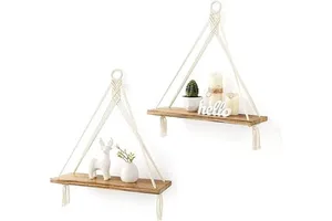 Single Tier Cotton Macrame Boho Wall Hanging Shelf Handmade Woven Rope Plant Display Storage Rack Flexible Wardrobe Bedroom