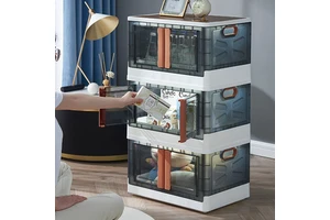 Large Capacity Foldable Storage Bin Double Door Single Tier Stacking Folding Storage Box Wheels Home Storage Cabinet Plastic
