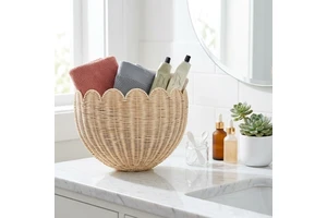 Scalloped Modern Wicker Rattan Wall Baskets Hand Woven Hanging Set Bathroom Storage Decor Living Room Kitchen