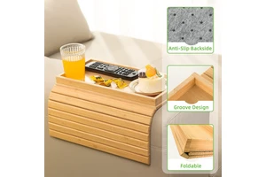 Foldable Eco-Friendly Bamboo Storage Tray Table for Living Room Single-Tier Beverage Snacks Tools & Phone
