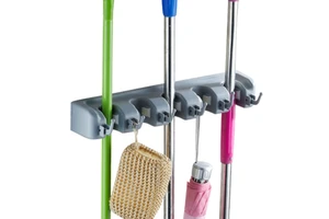 Modern Multifunction Wall Mount Caster Folding Plastic Mop Broom Holder Single Tier Cleaning Tool Organizer Rack Hooks Kitchen