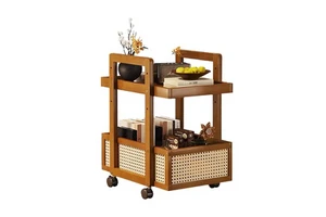 OEM Vintage 2-Tier Bamboo Serving Cart With Rattan Weaving Mobile Kitchen Livingroom Storage Trolley On Wheels Elegant Bar Cart