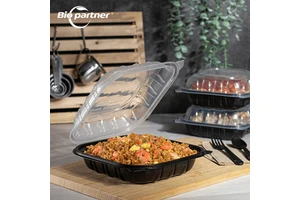 Biopartner Plastic PP 8x8 9x9 Black And Clear Hinged Container Clamshell Take Out Food Containers To Go Meal Prep Box Restaurant