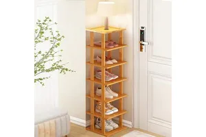 Space-Saving Bamboo Shoe Rack 7-Tier Vertical Design DIY Stackable Multi-Use Storage & Bookshelf