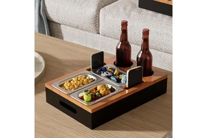 Modern Bamboo Sofa Armrest Organizer Multifunctional Living Room Cup Holder Tray Snack Container 2 Cups Remote Storage Slots