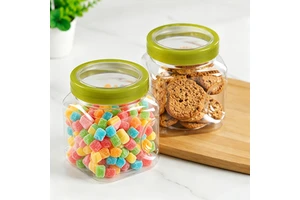 Wholesale Clear PET Plastic Food Storage Jar with Leakproof Green Lid, Stackable Kitchen Organizer Container