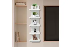 5-Tier Wall Mounted Floating Storage Organizer 30 Inch H Natural Bamboo Finish Decorative Vertical Shelf Column Beautiful