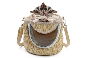 Straw Woven Crossbody Carrier With Belt Closure For Sugar Glider Squirrel Fancy Rat-Natural Barrel Bag Mesh Window 5.1in 3.2oz