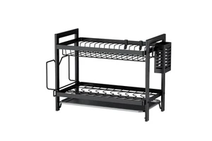 Kitchen Storage Rack Double Layer Bowl Rack Carbon Steel Dish Drainer and Drainage Rack
