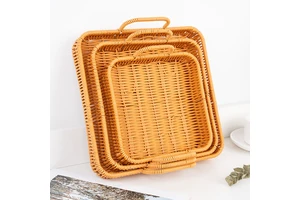 Rattan Woven Serving Tray Large Square Storage Trays with Handles Desktop Storage Basket Organizer for Home Organization