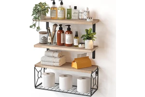 Wholesale Natural Wood Bathroom Shelves Over Toilet, Floating Wall Shelf with Storage Basket for Home Decor Organization
