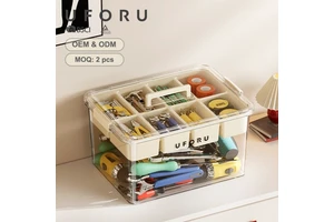 UFORU Transparent 2 Layer Plastic Storage Box with Portable Handle Stackable Multipurpose Tool Organizer Box OEM ODM