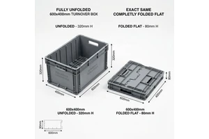 Huidu Heavy Duty Foldable Plastic Turnover Box 600x400x340mm | Eco-Friendly Durable Industrial Folding Container | Stackable