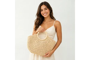 Popular Hand Woven Lady Semicircle Straw Tote Bag Women Rattan Ring Handle Beach Handbag With Lining Large Capacity