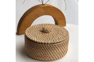 Round Rattan Basket, Natural Wicker Basket, Storage Basket with Lid, Woven Basket with Lid
