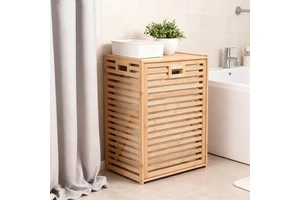 Bamboo Tilt-Out Laundry Cabinet With Storage Top Hidden Clothes Hamper Basket Removable Fabric Bag for Bathroom Decor