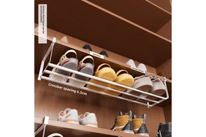 2-Tier Carbon Steel Retractable Minimalist Modern Hook-Type Layered Shoe Rack with Hanging Basket Storage for Kitchen & Bedroom